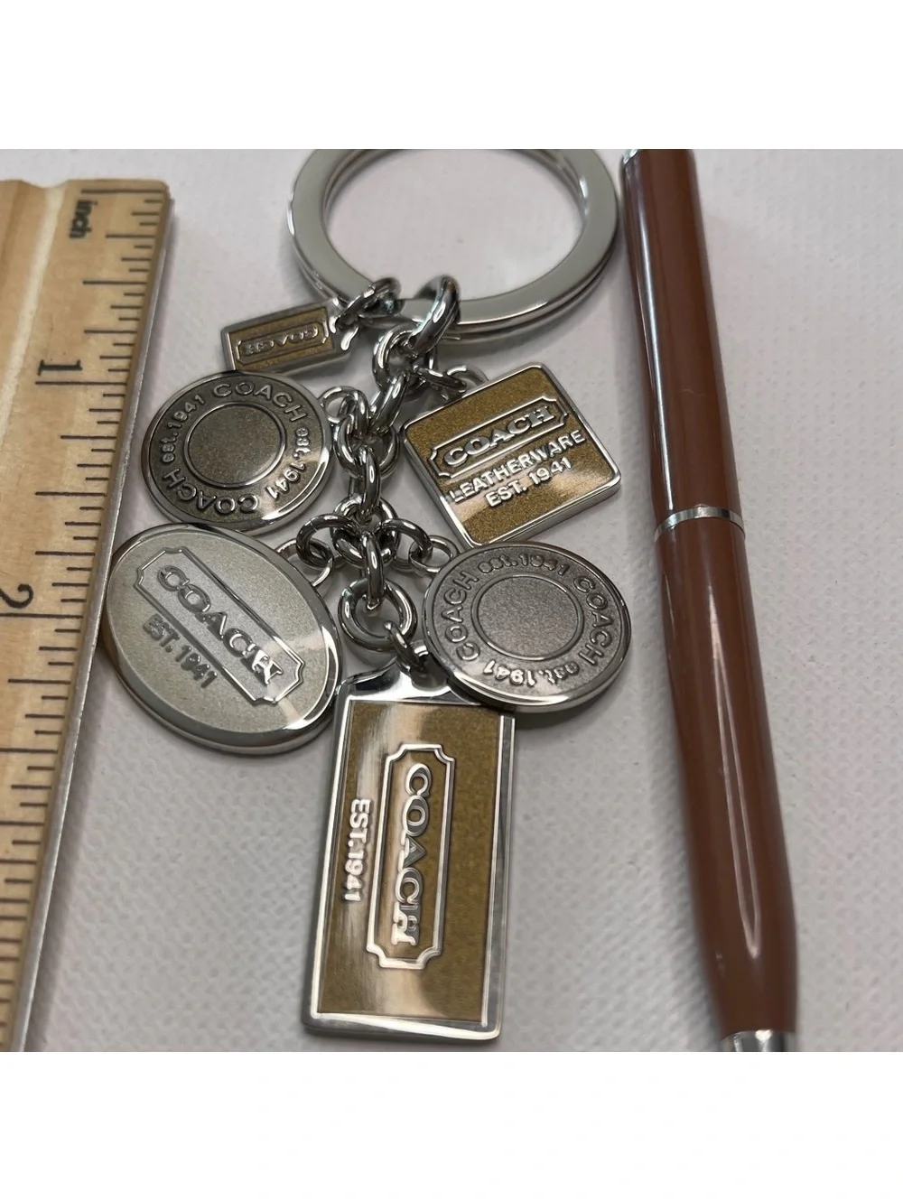 Coach Silver and Brown Logo Charms Keychain & Matching Pen NIP